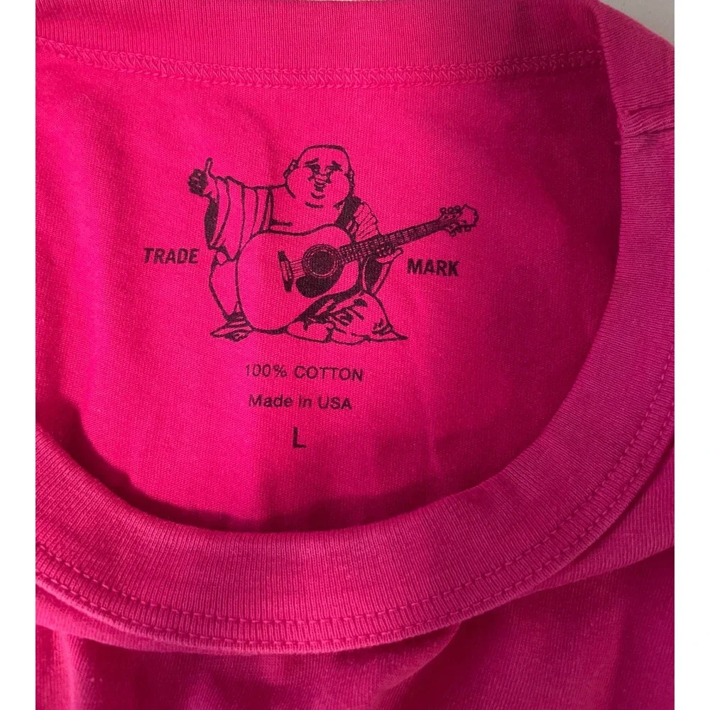 True Religion Mens Pink World Tour Buddha Logo T-Shirt Large Made in USA Cotton
